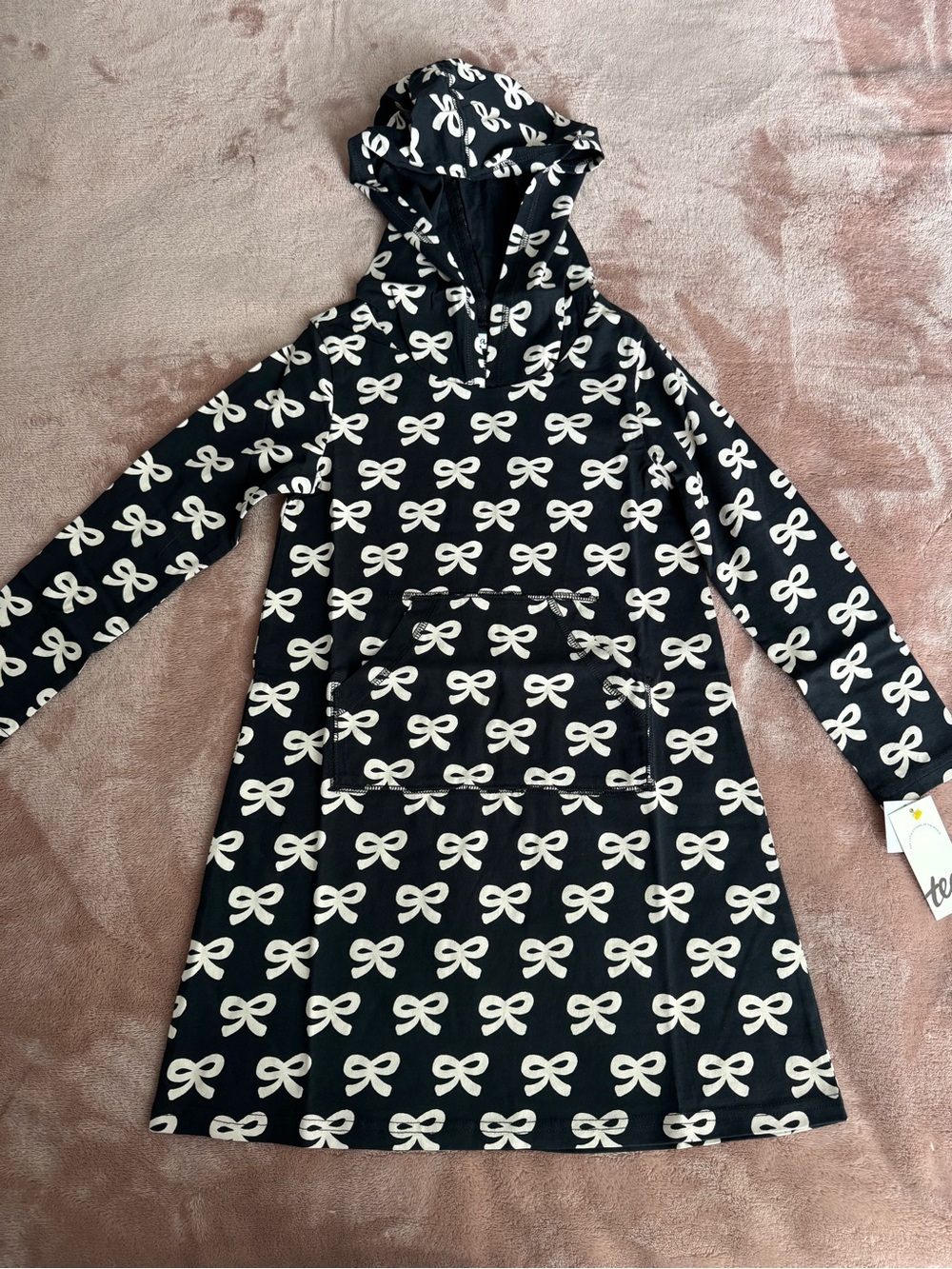 NWT Tea Collection 100% Cotton Hooded Pocket Dress, Black Bow Print, Size 6